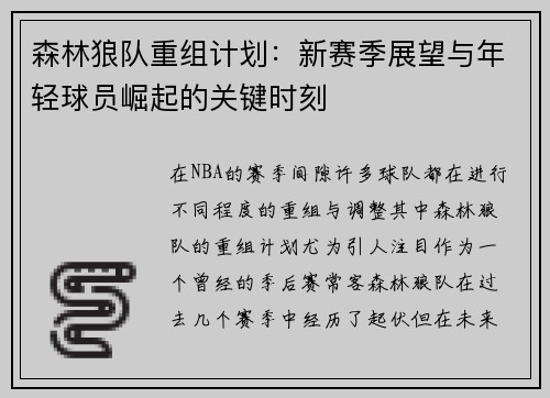森林狼队重组计划：新赛季展望与年轻球员崛起的关键时刻