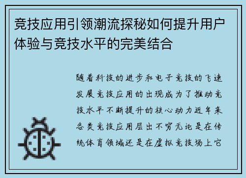 竞技应用引领潮流探秘如何提升用户体验与竞技水平的完美结合