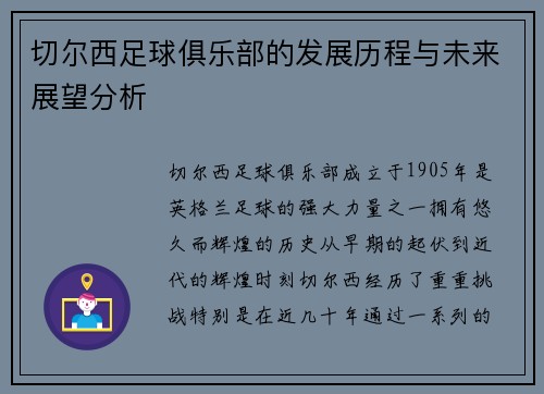 切尔西足球俱乐部的发展历程与未来展望分析