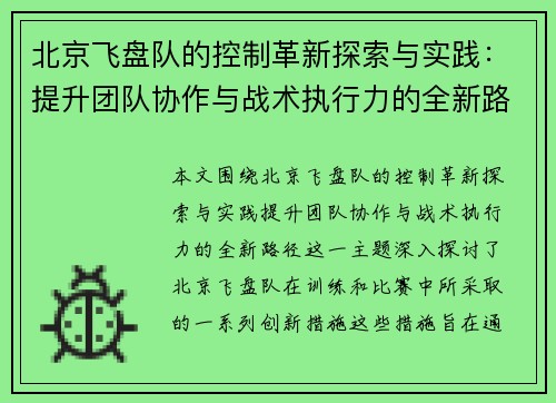 北京飞盘队的控制革新探索与实践：提升团队协作与战术执行力的全新路径