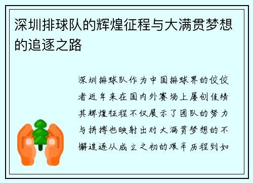 深圳排球队的辉煌征程与大满贯梦想的追逐之路